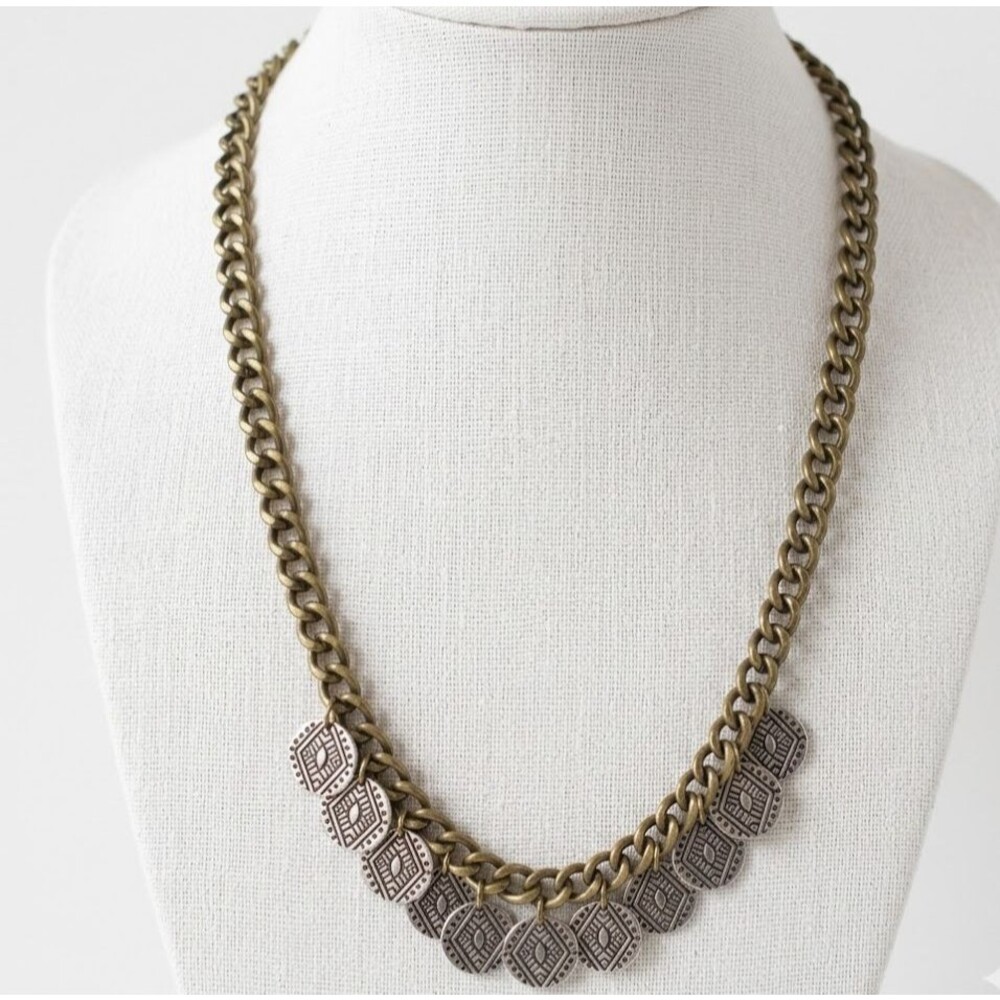 Brass Tone Chain Flat Disk Charms Necklace Etruscan Egyptian Revival Coin style